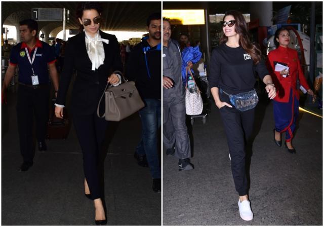 Kangana Ranaut and Jacqueline Fernandez at Mumbai airport on Saturday. Kangana Ranaut and Jacqueline Fernandez at Mumbai airport on Saturday.