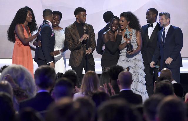 The cast of Black Panther accepts the award for outstanding performance by a cast in a motion picture at the 25th annual Screen Actors Guild Awards at the Shrine Auditorium & Expo Hall on Sunday. (Richard Shotwell/Invision/AP) The cast of Black Panther accepts the award for outstanding performance by a cast in a motion picture at the 25th annual Screen Actors Guild Awards at the Shrine Auditorium & Expo Hall on Sunday. (Richard Shotwell/Invision/AP)