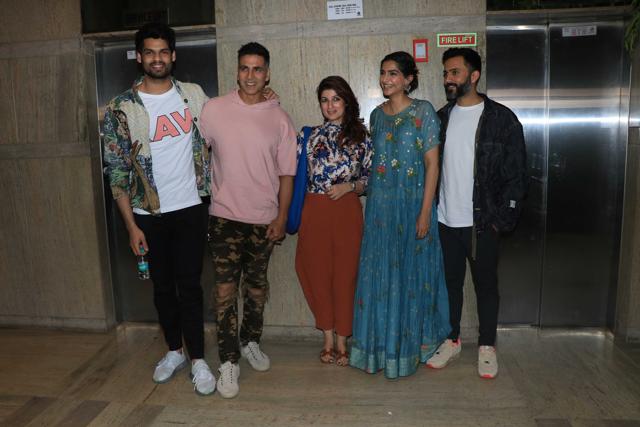 Akshay Kumar and Twinkle Khanna join Sonam Kapoor at the screening.