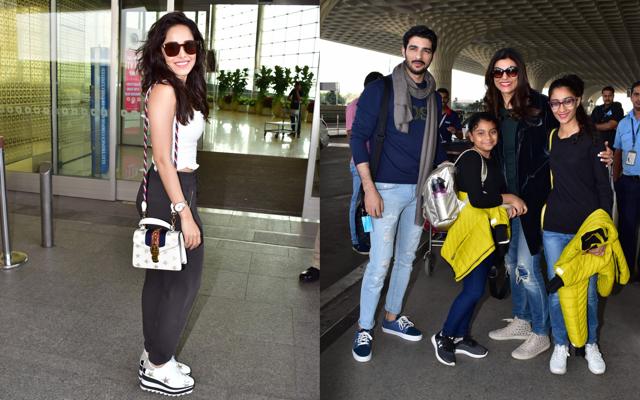 Nushrat Bharucha and Sushmita Sen with Rohman Shawl and daughters Alisah and Renee at the Mumbai airport. (Varinder Chawla) Nushrat Bharucha and Sushmita Sen with Rohman Shawl and daughters Alisah and Renee at the Mumbai airport. (Varinder Chawla)