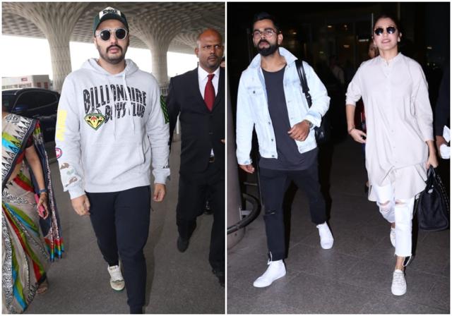 Arjun Kapoor and Virat and Anushka Sharma at Mumbai airport. Arjun Kapoor and Virat and Anushka Sharma at Mumbai airport.