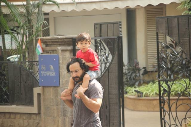 Saif Ali Khan with son Taimur in Bandra. Saif Ali Khan with son Taimur in Bandra.