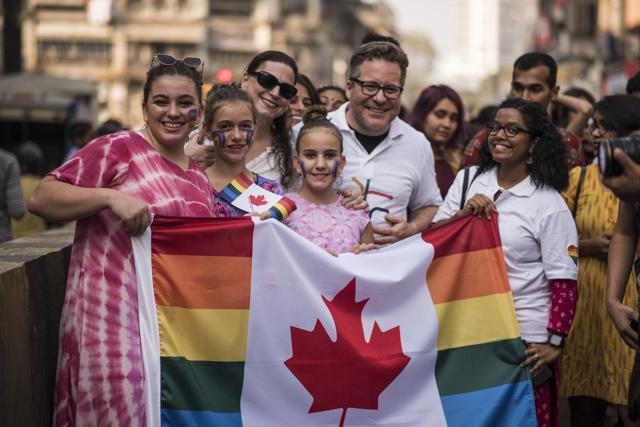 (L to R) Caelan and Kara Caroll with their mother Tara Scheurwater, Senior Trade Commissioner, Consulate General of Canada, Etienne Lambert, Consul, political economic and public affairs, and Jayita at the Mumbai pride. (Aalok Soni/HT) (L to R) Caelan and Kara Caroll with their mother Tara Scheurwater, Senior Trade Commissioner, Consulate General of Canada, Etienne Lambert, Consul, political economic and public affairs, and Jayita at the Mumbai pride. (Aalok Soni/HT)