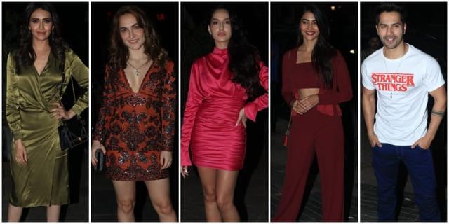 Karishma Tanna, Elli Avram, Nora Fatehi, Pooja Hegde and Varun Dhawan at Nora’s birthday bash. Karishma Tanna, Elli Avram, Nora Fatehi, Pooja Hegde and Varun Dhawan at Nora’s birthday bash.