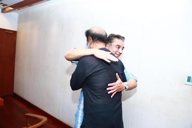One-time film rivals and now politicians, Rajinikanth and Kamal, met warmly. (Varinder Chawla) One-time film rivals and now politicians, Rajinikanth and Kamal, met warmly. (Varinder Chawla)
