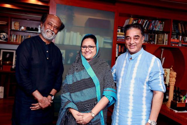 Seen here, Rajinikanth, Kamal Haasan and Makkal Needhi Maiam party’s state executive committee member Mrs Kameela Nasser. (Varinder Chawla) Seen here, Rajinikanth, Kamal Haasan and Makkal Needhi Maiam party’s state executive committee member Mrs Kameela Nasser. (Varinder Chawla)