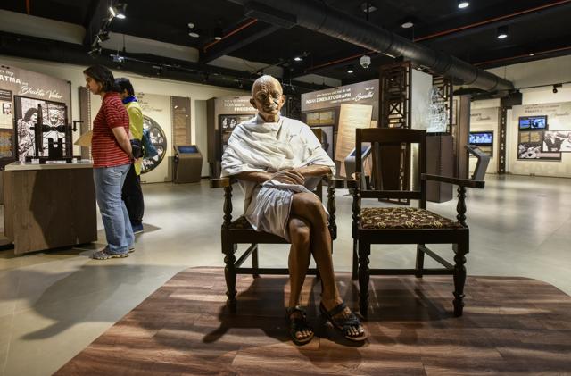 Inexplicably, an entire floor is dedicated to Mahatma Gandhi, who is well-known to have had no interest in cinema. In one corner, a statue of the leader sits, watching on a loop the only film he ever did watch — Vijay Bhatt’s epic-based Ram Rajya (1943). (Kunal Patil / HT Photo)