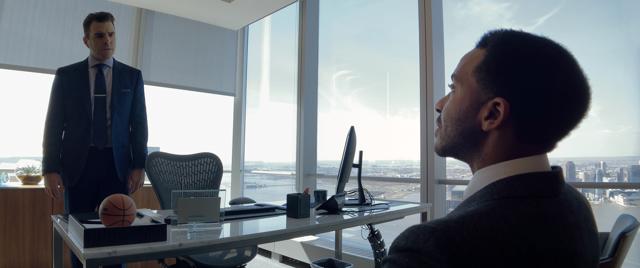 Zachary Quinto as David Starr and André Holland as Ray Burke in High Flying Bird, directed by Steven Soderbergh. (Photo by Peter Andrews)