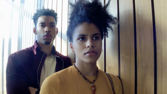Melvin Gregg as Erick Scott and Zazie Beetz as Sam in High Flying Bird, directed by Steven Soderbergh. (Photo by Peter Andrews) Melvin Gregg as Erick Scott and Zazie Beetz as Sam in High Flying Bird, directed by Steven Soderbergh. (Photo by Peter Andrews)