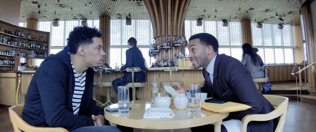 Melvin Gregg as Erick Scott and André Holland as Ray Burke in High Flying Bird, directed by Steven Soderbergh. (Photo by Peter Andrews)