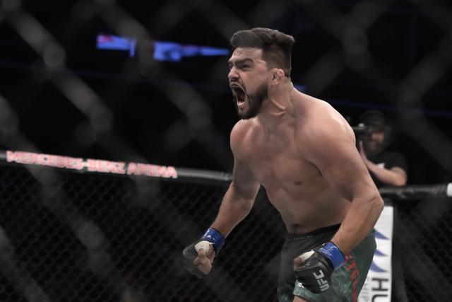 Kelvin Gastelum celebrates during the UFC Fight Night at Mercedes-Benz Arena. (Getty Images) Kelvin Gastelum celebrates during the UFC Fight Night at Mercedes-Benz Arena. (Getty Images)