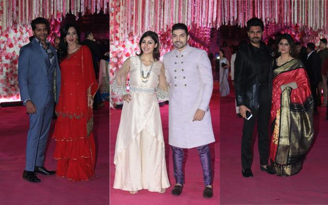 Karanvir Bohra with Teejay Sidhu, Gurmeet Choudhary with wife Debina and Gaurav Chopra with wife Hitisha at the reception. (Varinder Chawla) Karanvir Bohra with Teejay Sidhu, Gurmeet Choudhary with wife Debina and Gaurav Chopra with wife Hitisha at the reception. (Varinder Chawla)