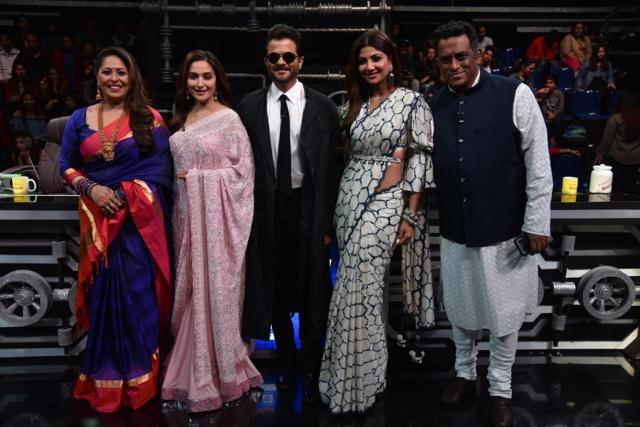 Madhuri Dixit and Anil Kapoor with Shilpa Shetty and Anurag Basu as they shot for a show. Madhuri Dixit and Anil Kapoor with Shilpa Shetty and Anurag Basu as they shot for a show.