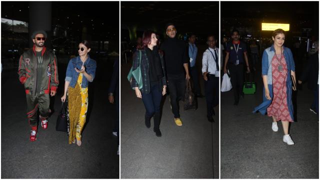 Alia Bhatt with Ranveer Singh, Twinkle Khanna with Akshay Kumar and Raveena Tandon at the airport. (Varinder Chawla) Alia Bhatt with Ranveer Singh, Twinkle Khanna with Akshay Kumar and Raveena Tandon at the airport. (Varinder Chawla)