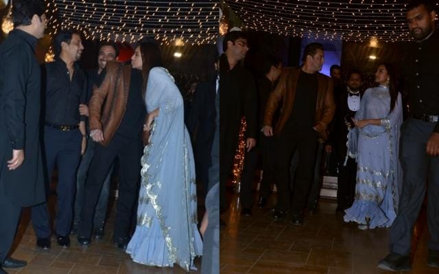Salman Khan and Sonakshi Sinha greet each other at a wedding reception in Mumbai. (Varinder Chawla) Salman Khan and Sonakshi Sinha greet each other at a wedding reception in Mumbai. (Varinder Chawla)