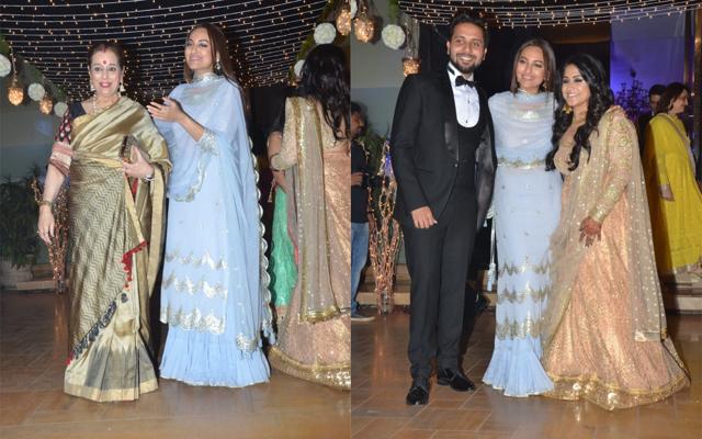 Sonakshi Sinha with her mother and the newlyweds at a wedding reception in Mumbai. (Varinder Chawla) Sonakshi Sinha with her mother and the newlyweds at a wedding reception in Mumbai. (Varinder Chawla)