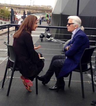 Malavika Sangghvi interviewing Karl Lagerfeld on the banks of the Seine. Malavika Sangghvi interviewing Karl Lagerfeld on the banks of the Seine.