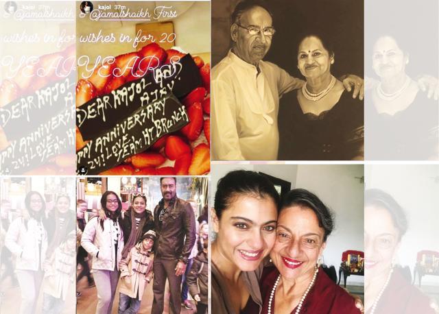 (Clockwise from top left) Kajol’s Insta story appreciating team HT Brunch for their anniversary cake; The actress’s in-laws Veeru and Veena Devgan; With her mother, actress Tanuja; Kajol, Ajay, Nysa and Yug on holiday (Photos: Instagram @Kajol & @ajaydevgn ) (Clockwise from top left) Kajol’s Insta story appreciating team HT Brunch for their anniversary cake; The actress’s in-laws Veeru and Veena Devgan; With her mother, actress Tanuja; Kajol, Ajay, Nysa and Yug on holiday (Photos: Instagram @Kajol & @ajaydevgn )