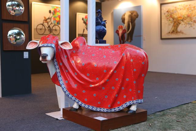 A sculpture by artist Lal Bahadur Singh in fiber and acrylic colour at Gallery Nvya’s stall.