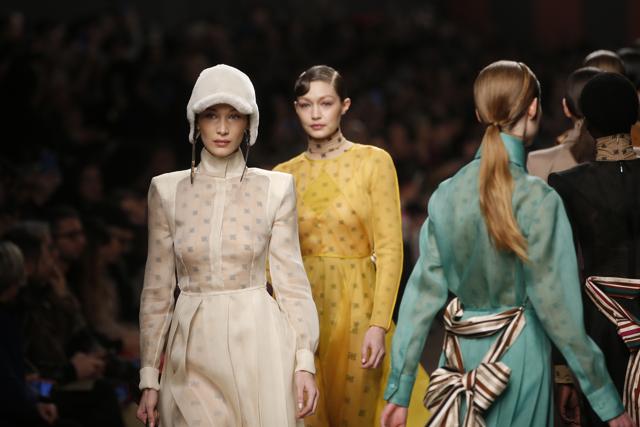Models Bella Hadid, left, and Gigi Hadid, second from left, wear creations as part of the Fendi women's Fall-Winter 2019-2020 collection, that was presented in Milan, Italy, Thursday, Feb. 21, 2019. (AP Photo/Antonio Calanni) (AP) Models Bella Hadid, left, and Gigi Hadid, second from left, wear creations as part of the Fendi women's Fall-Winter 2019-2020 collection, that was presented in Milan, Italy, Thursday, Feb. 21, 2019. (AP Photo/Antonio Calanni) (AP)