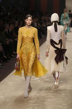 Model Gigi Hadid wears a creation as part of the Fendi women's Fall-Winter 2019-2020 collection, that was presented in Milan, Italy, Thursday, Feb.21, 2019. (AP Photo/Antonio Calanni) (AP) Model Gigi Hadid wears a creation as part of the Fendi women's Fall-Winter 2019-2020 collection, that was presented in Milan, Italy, Thursday, Feb.21, 2019. (AP Photo/Antonio Calanni) (AP)