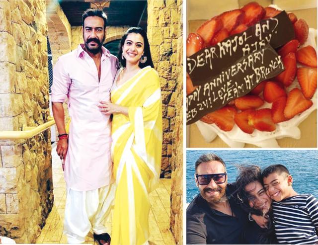 (Clockwise from top) Ajay with wife Kajol on the occasion of Diwali ; HT Brunch was the first to present a cake to Ajay and Kajol for the 20th Wedding Anniversary; Ajay chilling with his kids Nysa and Yug on a family vacation (Photos: Instagram @Kajol & @ajaydevgn) (Clockwise from top) Ajay with wife Kajol on the occasion of Diwali ; HT Brunch was the first to present a cake to Ajay and Kajol for the 20th Wedding Anniversary; Ajay chilling with his kids Nysa and Yug on a family vacation (Photos: Instagram @Kajol & @ajaydevgn)