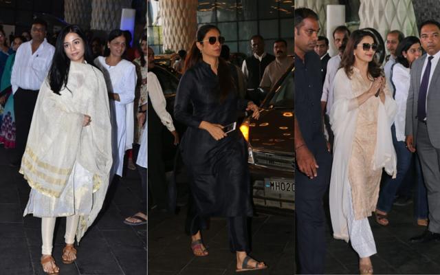 Amrita Rao, Tabu and Madhuri Dixit at Rajkumar Barjatya’s prayer meet. (Varinder Chawla) Amrita Rao, Tabu and Madhuri Dixit at Rajkumar Barjatya’s prayer meet. (Varinder Chawla)