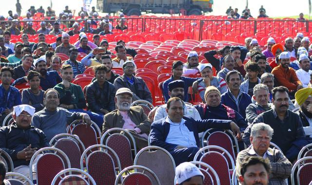 In his seven-minute address, Kejriwal, who had to leave in a hurry for another meeting at Palwal in Haryana, spoke about his party’s achievements in Delhi before attacking local BJP MP Kirron Kher (Anil Dayal/HT) In his seven-minute address, Kejriwal, who had to leave in a hurry for another meeting at Palwal in Haryana, spoke about his party’s achievements in Delhi before attacking local BJP MP Kirron Kher (Anil Dayal/HT)
