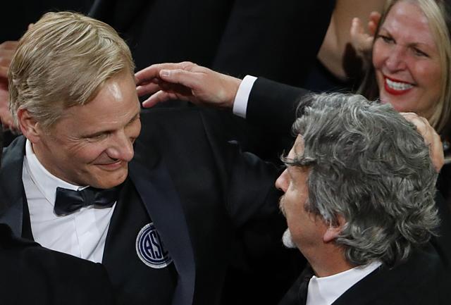 Peter Farrelly and Viggo Mortensen smile at one another after Green Book won the Best Picture award. (REUTERS) Peter Farrelly and Viggo Mortensen smile at one another after Green Book won the Best Picture award. (REUTERS)