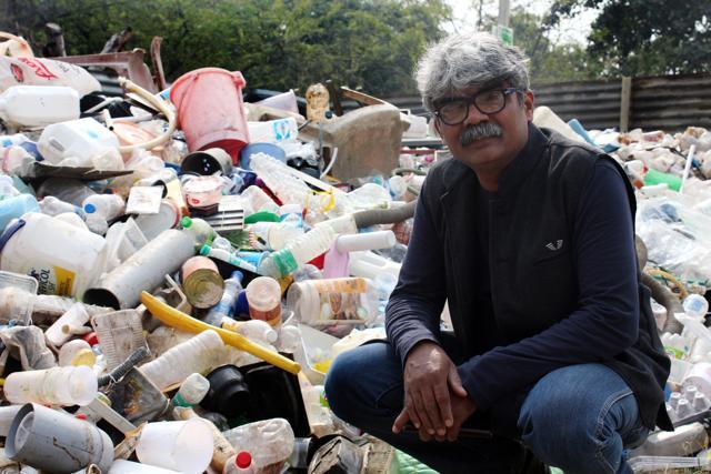 Artist Arunkumar HG will be using steel and plastic collected from schools, offices, condominiums and RWAs for the installation. (Shivam Saxena/HT)