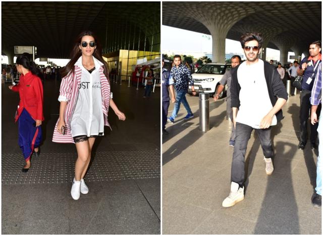 Kriti Sanon and Kartik Aaryan at the airport. (Varinder Chawla) Kriti Sanon and Kartik Aaryan at the airport. (Varinder Chawla)