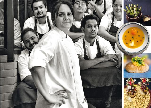 Garima whips up dishes like (from top) grilled corn, chilled mango pumpkin soup, potato mochi with pickled chive and mustard flowers and ‘Khap moo’ dipped in Balinese chocolate and floral herbs at Gaa