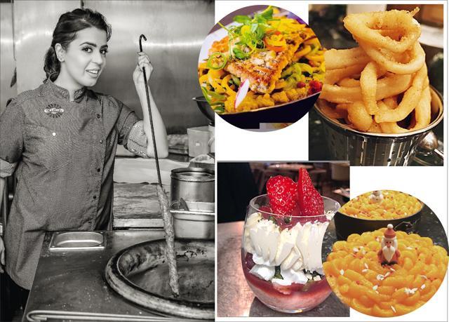 Dipna’s most loved dishes include (clockwise from top right) fried squid tempura to snack on, jalebi cheesecake, strawberry dessert and Dip sea-bass