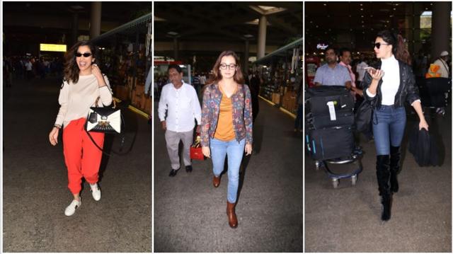 Sophie Choudry, Dia Mirza and Jacqueline Fernandez at the airport. (Varinder Chawla)
