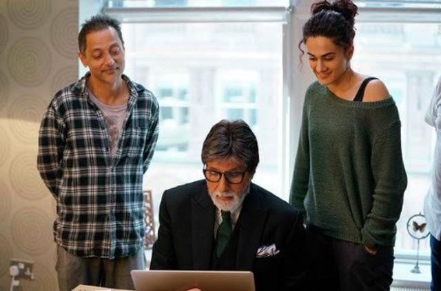 Director Sujoy Ghosh (L) and Amitabh Bachchan (C) and Taapsee Pannu. Director Sujoy Ghosh (L) and Amitabh Bachchan (C) and Taapsee Pannu.