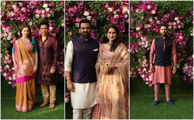 Sachin & Anjali Tendulkar; Zaheer Khan and Sagarika Ghatge; Yuvraj Singh at Akash-Shloka’s wedding (Varinder Chawla) Sachin & Anjali Tendulkar; Zaheer Khan and Sagarika Ghatge; Yuvraj Singh at Akash-Shloka’s wedding (Varinder Chawla)