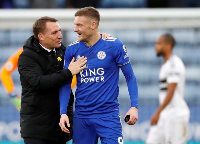 Leicester City manager Brendan Rodgers celebrates with Jamie Vardy after the match. (Action Images via Reuters)