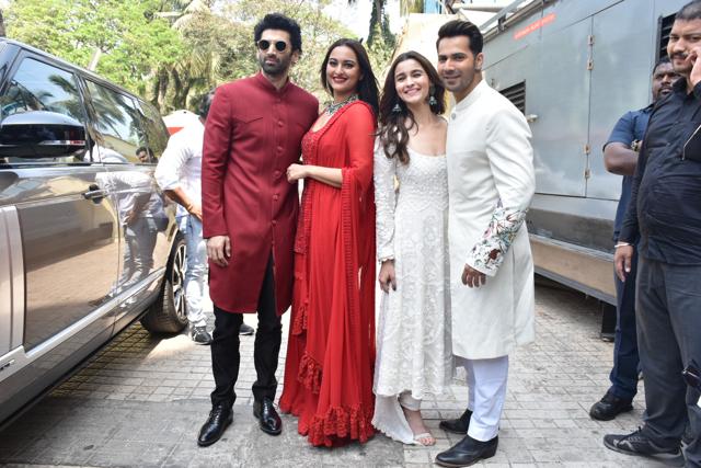 Kalank actors Aditya Roy Kapur, Sonakshi Sinha, Alia Bhatt and Varun Dhawan at the teaser launch in Mumbai. (Varinder Chawla)