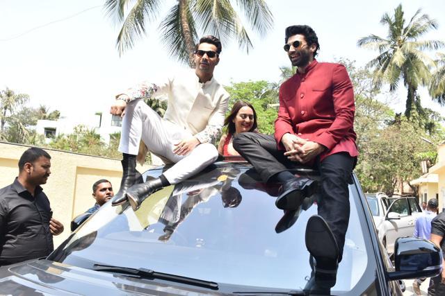 Varun Dhawan, Sonakshi Sinha and Aditya Roy Kapur at Kalank teaser launch. (Varinder Chawla)