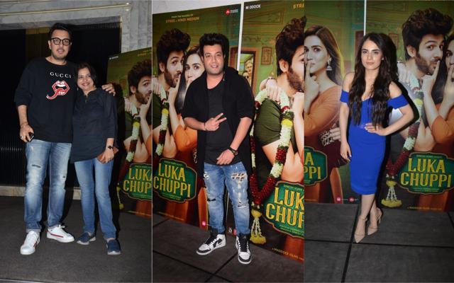Dinesh Vijan, Varun Sharma and Radhika Madan at Luka Chuppi success bash. (Varinder Chawla) Dinesh Vijan, Varun Sharma and Radhika Madan at Luka Chuppi success bash. (Varinder Chawla)