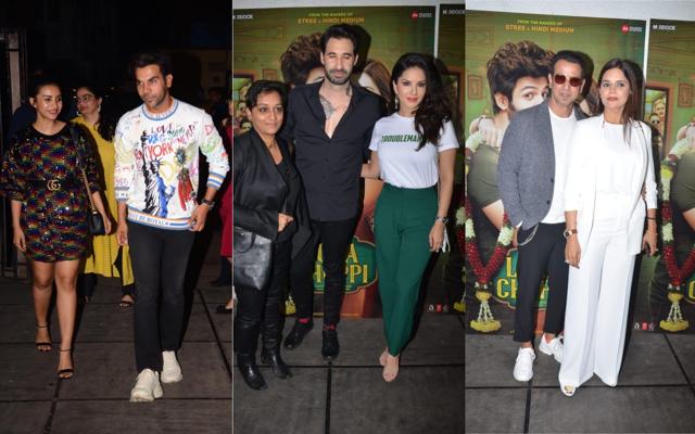Patralekhaa with boyfriend Rajkummar Rao, Sunny Leone with husband Daniel Weber and Ronit Roy with wife Neelam at Luka Chuppi success bash. (Varinder Chawla) Patralekhaa with boyfriend Rajkummar Rao, Sunny Leone with husband Daniel Weber and Ronit Roy with wife Neelam at Luka Chuppi success bash. (Varinder Chawla)