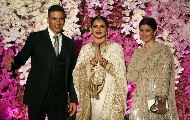 Rekha, Akshay Kumar and Twinkle Khanna at the wedding reception of Akash Ambani and Shloka in Mumbai, March 10, 2019. (PTI) Rekha, Akshay Kumar and Twinkle Khanna at the wedding reception of Akash Ambani and Shloka in Mumbai, March 10, 2019. (PTI)