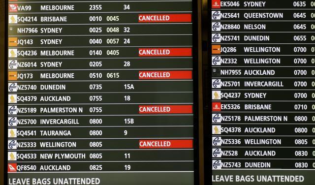 A flight notice board shows cancelled flights into Christchurch, New Zealand on Friday. (AP) A flight notice board shows cancelled flights into Christchurch, New Zealand on Friday. (AP)