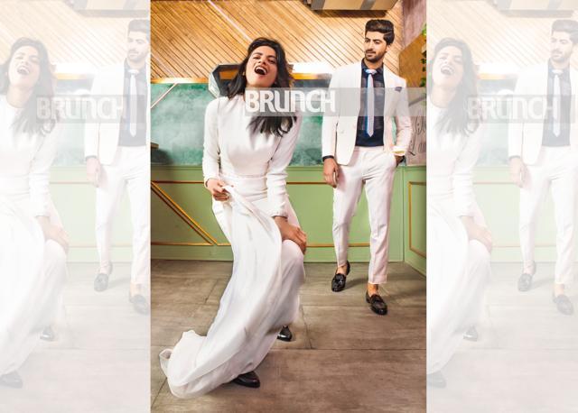 A pleated matte drape dress works for women with curvy bodies and skinny men can go for rich fabrics like gazar or heavy satin when wearing white suits. On her: Dress, Sunaina Khera ; On him: Shirt, tie and shoes, Unit by Rajat Suri; pants, blazer and pocket square, Amit Wadhwa (Shivamm Paathak)