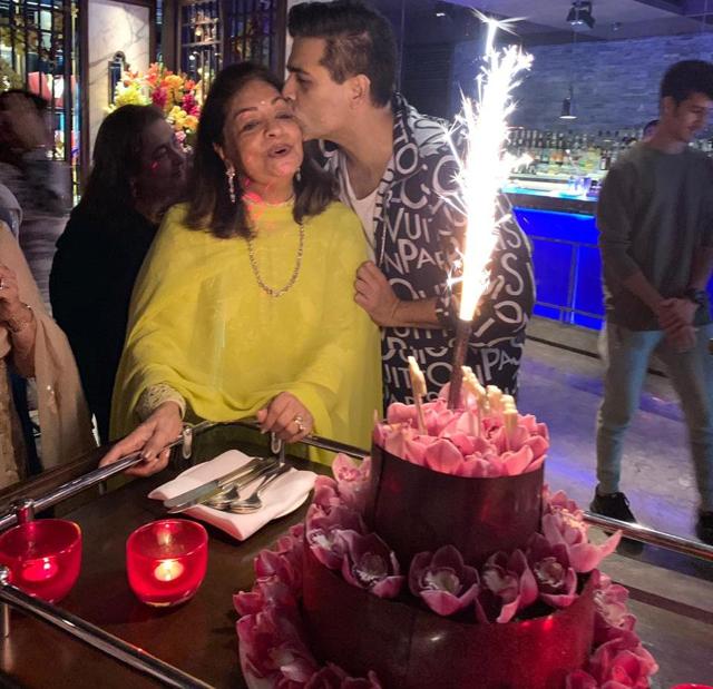 Hiroo Johar with son Karan Johar at her birthday party.