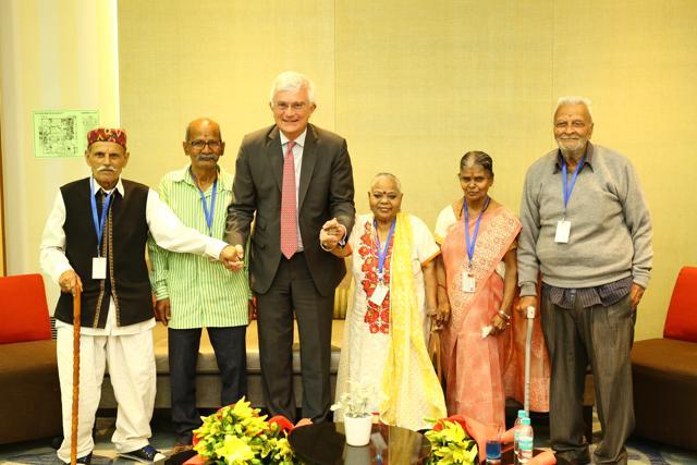 The senior citizens with Pullman &amp; Novotel New Delhi Aerocity general manager Tristan Beau De Lomenie. (Manoj Verma/HT Photo)