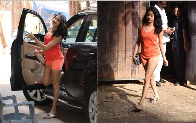 Janhvi Kapoor at the gym (left) and at Anil Kapoor’s house on Friday. (Varinder Chawla)