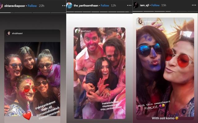 Ekta Kapoor, Parth Samthaan and Erica Fernandes shared these pictures from her Holi party on her Instagram. Ekta Kapoor, Parth Samthaan and Erica Fernandes shared these pictures from her Holi party on her Instagram.