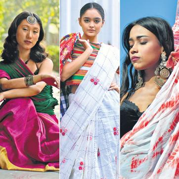 Models Tenzin, Kashish Khan, and Devika Das wear a saree styled in three unique ways. Models Tenzin, Kashish Khan, and Devika Das wear a saree styled in three unique ways.