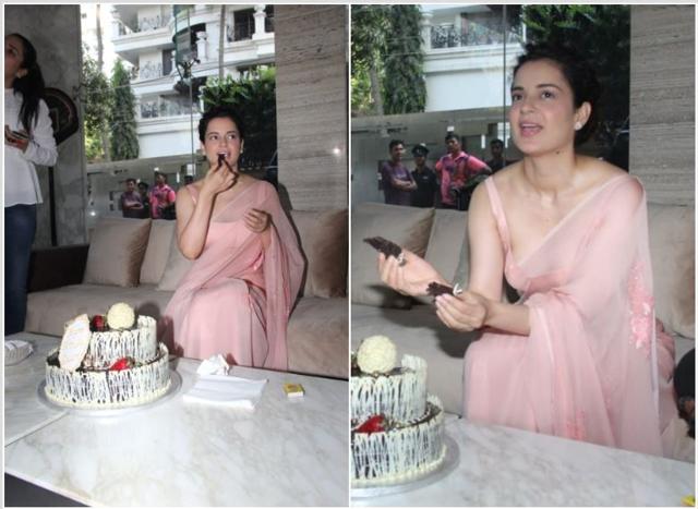 Kangana Ranaut cutting her birthday cake.